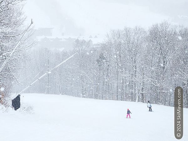 Father and child ski in fluffy snowflakes near the base of the mountain