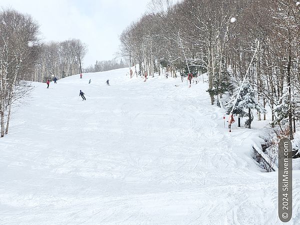 Skiers descend a wide, snowy slope